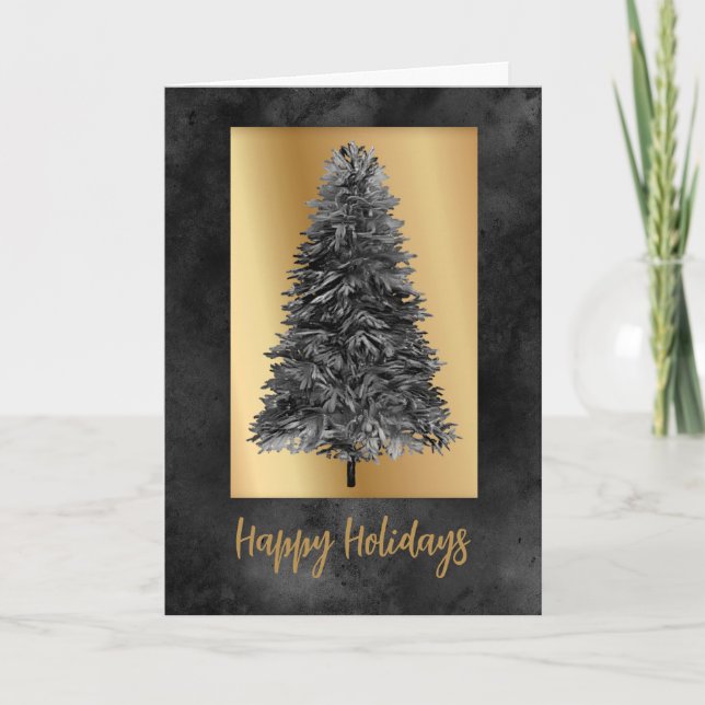Elegant Black Gold Christmas Tree Holiday Card (Front)