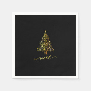 Elegant Black & Gold Christmas Tree Noel Napkin
