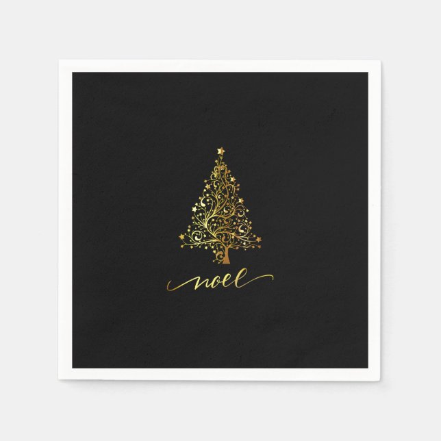Elegant Black & Gold Christmas Tree Noel Napkin (Front)