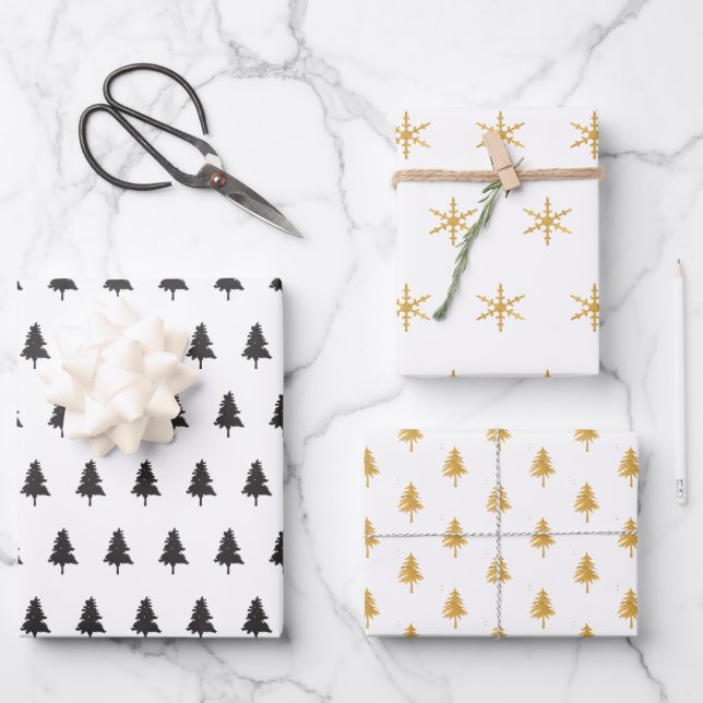 Elegant Black Gold Christmas Tree Pattern Gift Wrapping Paper Sheet (Front)