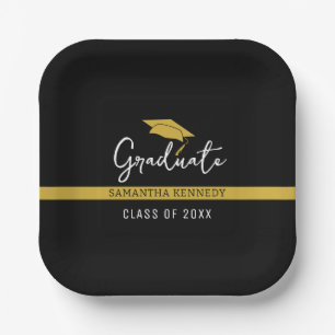 Elegant Black & Gold Class of 2025 Graduation Cap Paper Plate