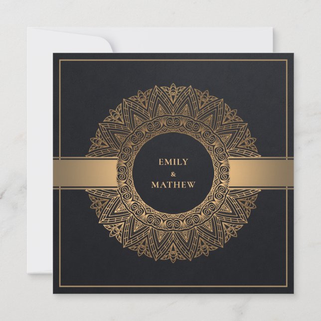 ELEGANT BLACK GOLD CLASSIC ORNATE MANDALA WEDDING INVITATION (Back)
