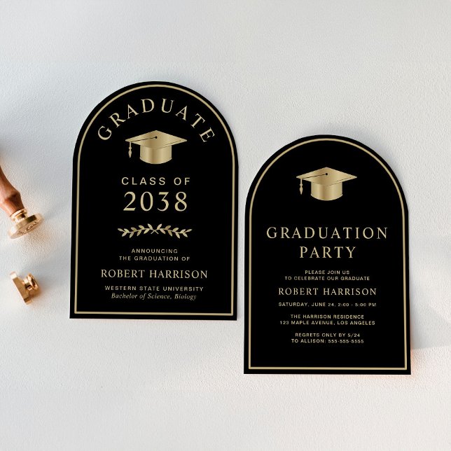 Elegant Black Gold College Graduation Party Invitation (An elegant arch-shaped college graduation party invitation to celebrate the graduate's achievements)