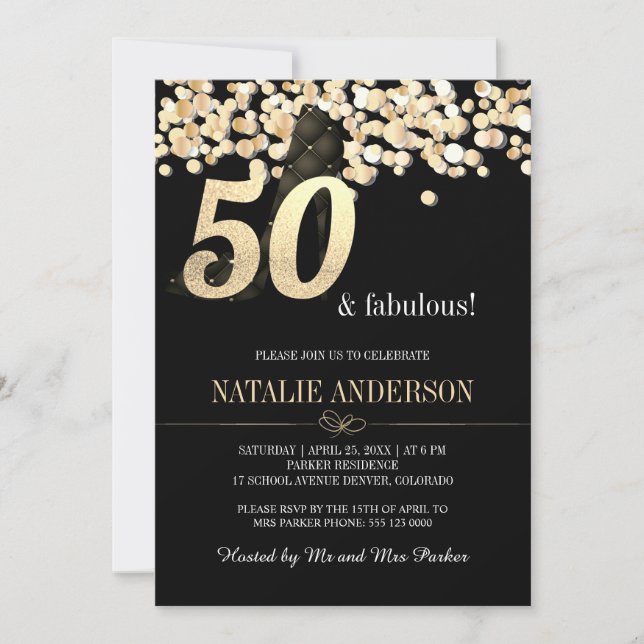 Elegant Black  Gold Confetti 50th Birthday Party Invitation (Front)