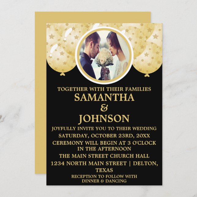 Elegant Black Gold Confetti Balloons Photo Wedding Invitation (Front/Back)