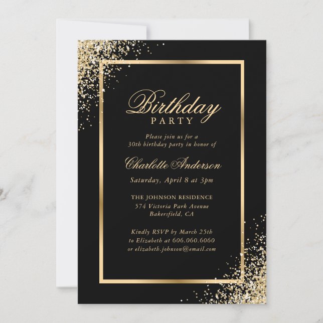 Elegant Black Gold Confetti Birthday Party Invitation (Front)