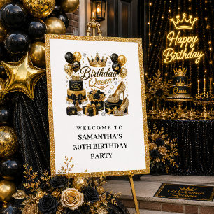 Elegant Black Gold Confetti Birthday Queen Welcome Poster