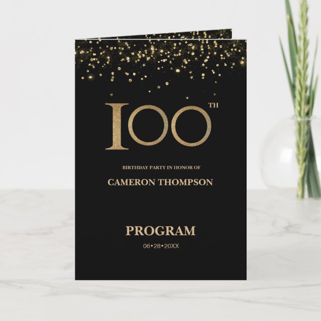 Elegant Black Gold confetti Custom 100th birthday  Programme (Front)