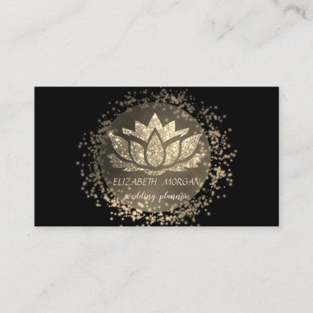 Elegant Black ,Gold Confetti Glitter Lotus Business Card (Front)