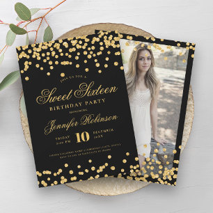 Elegant Black Gold Confetti Photo Sweet 16 Invitation