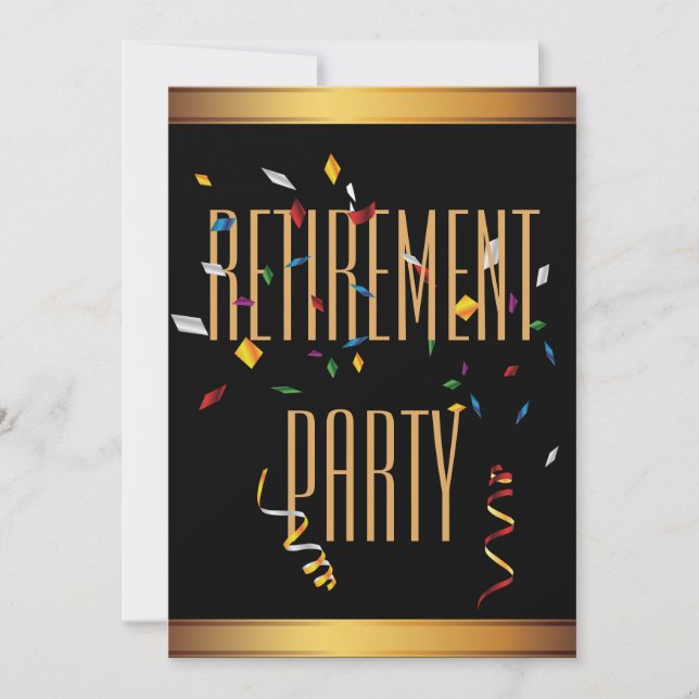 Elegant Black & Gold Confetti Retirement Party Invitation (Front)