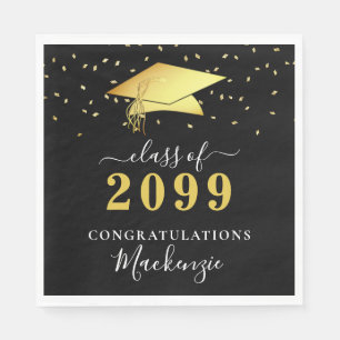 Elegant Black Gold Confetti Script Graduation Napkin