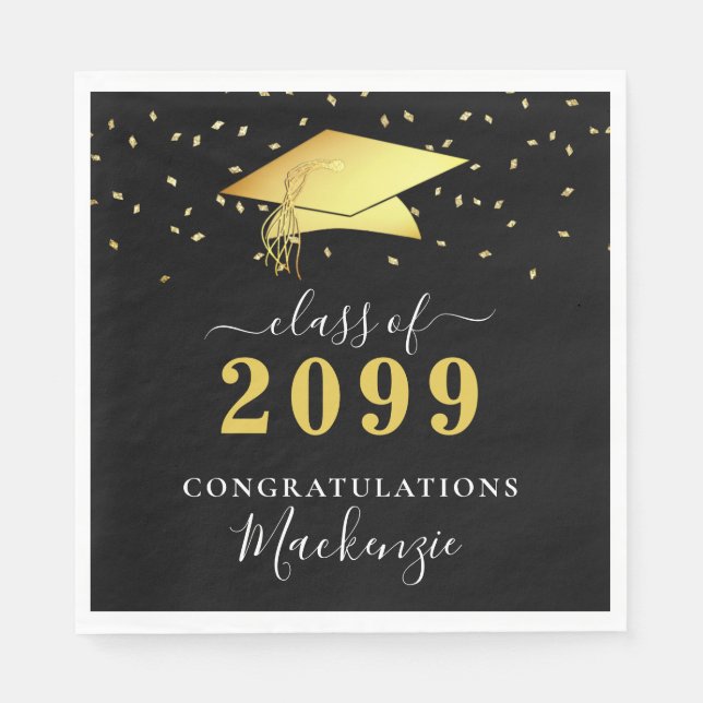 Elegant Black Gold Confetti Script Graduation Napkin (Front)