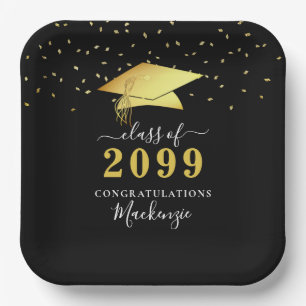 Elegant Black Gold Confetti Script Graduation Paper Plate