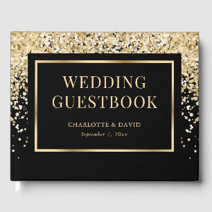 Elegant Black Gold Confetti Wedding Guest Book