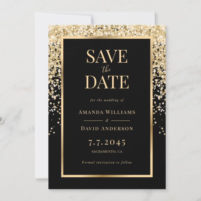 Elegant Black Gold Confetti Wedding Save The Date (Front)
