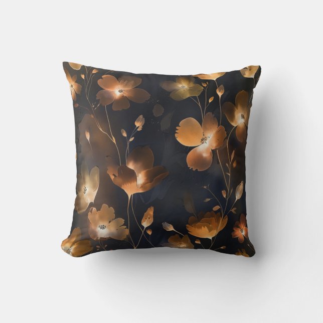 Elegant black gold copper terra cotta floral  cushion (Front)
