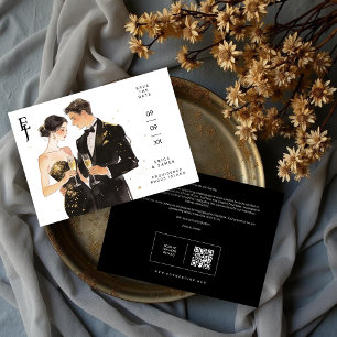 Elegant Black & Gold Couple Illustration Save The Date