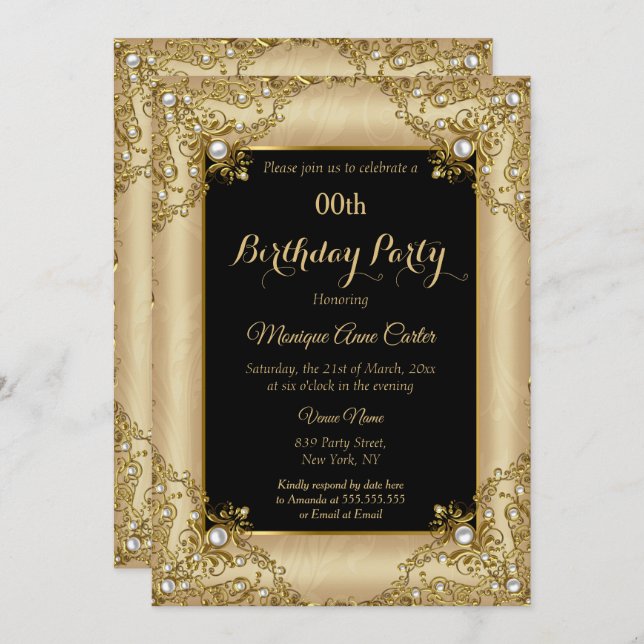 Elegant Black Gold Cream Photo Birthday Party Invitation (Front/Back)