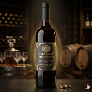 Elegant Black & Gold Crest Personalised Wedding Wine Label