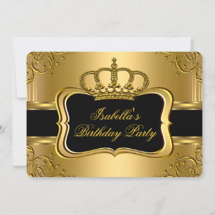 Elegant Black Gold Crown Floral Birthday Party 3 Invitation