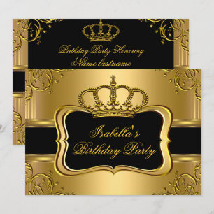 Elegant Black Gold Crown Floral Birthday Party 3 Invitation