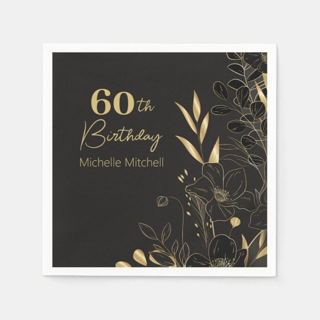 Elegant Black Gold Custom 60th Birthday Any Age Napkin (Front)