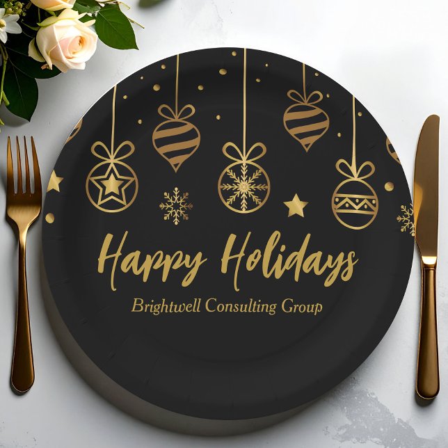 Elegant Black Gold Custom Company Holiday Party Paper Plate (Creator Uploaded)