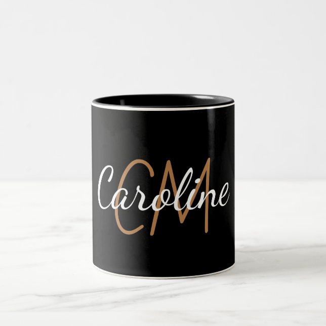 Elegant Black gold custom monogram name Two-Tone Coffee Mug (Center)