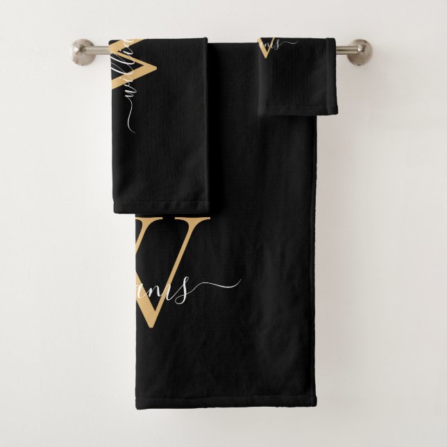 Elegant Black Gold Custom Monogram Script Name Bath Towel Set (Insitu)
