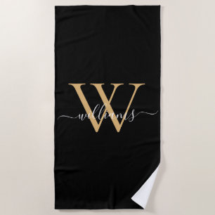Elegant Black Gold Custom Monogram Script Name Beach Towel