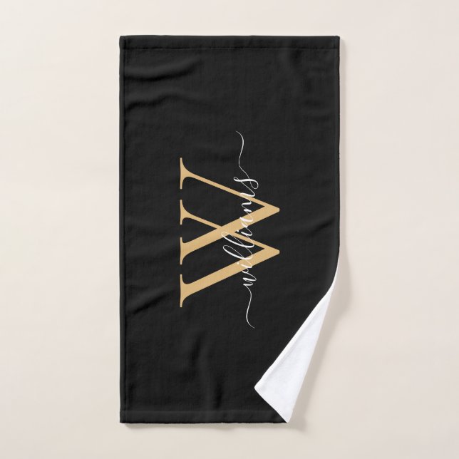 Elegant Black Gold Custom Monogram Script Name Hand Towel (Hand Towel)