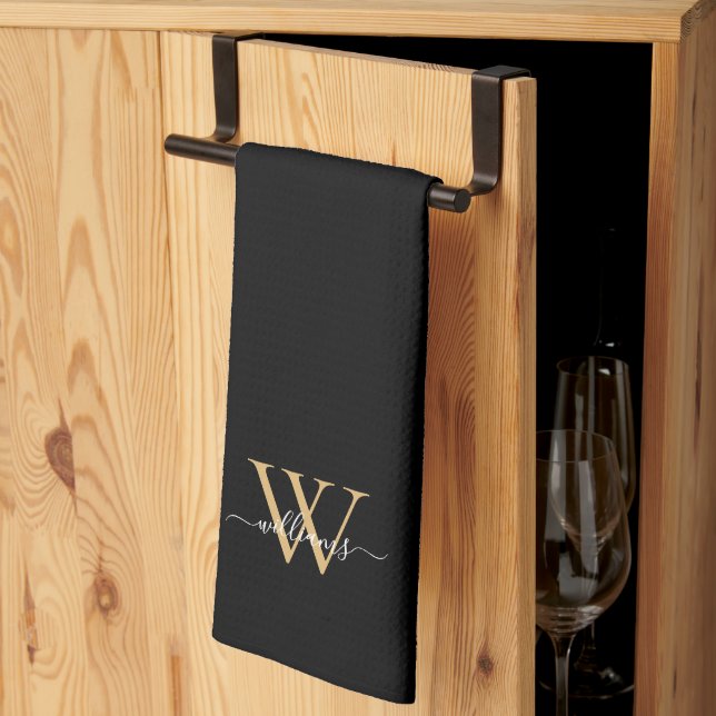 Elegant Black Gold Custom Monogram Script Name Tea Towel (Thirds Fold)
