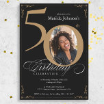 Elegant Black Gold Custom Photo 50th Birthday Invitation<br><div class="desc">Elegant Black Gold Custom Photo 50th Birthday Invitation. And elegantly designed special birthday celebration invitation,  featuring a custom photo of birthday person and script calligraphy with vintage flourish elements. Simple enough to fit a variety of themes and colours!
Need help? Simply contact me!</div>