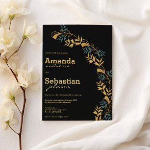 Elegant black gold cyan green foliage wedding invitation