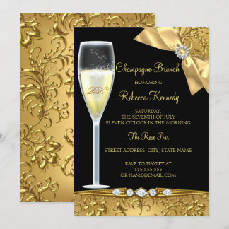 Elegant Black Gold Damask Champagne Brunch Invite
