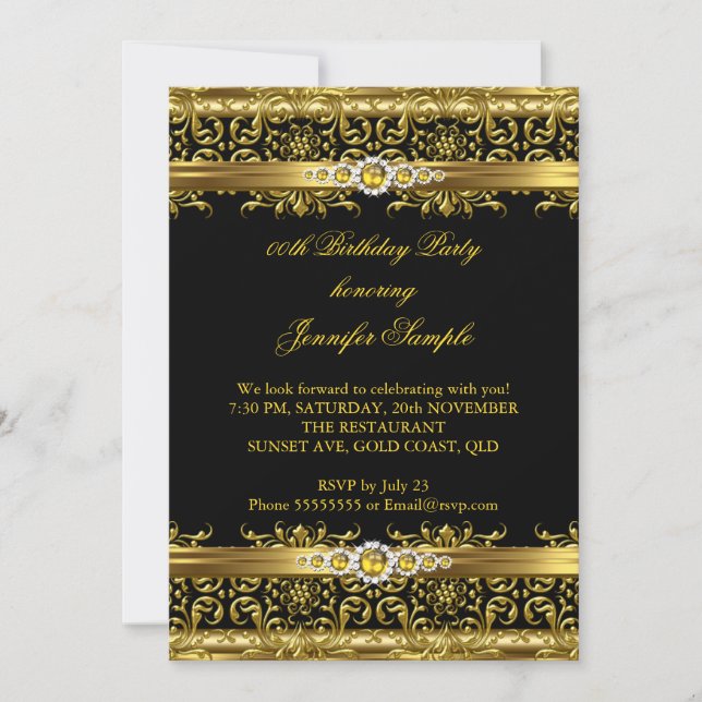 Elegant Black Gold Damask Diamond Birthday Invitation (Front)