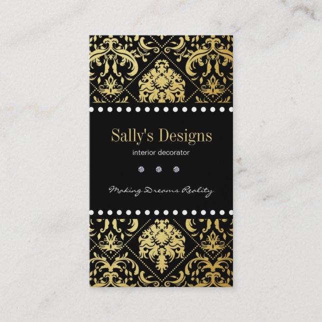 Elegant Black & Gold Damask Interior Designer Business Card (Front)