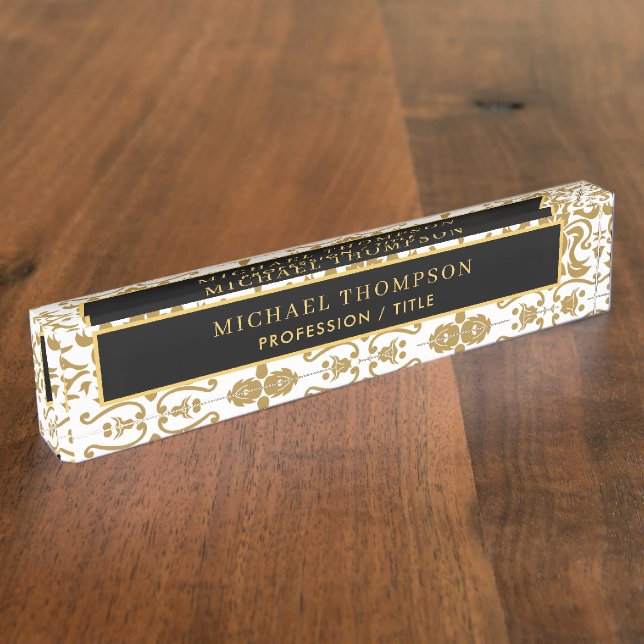 Elegant Black Gold Damask Personalised Name Nameplate (Side)