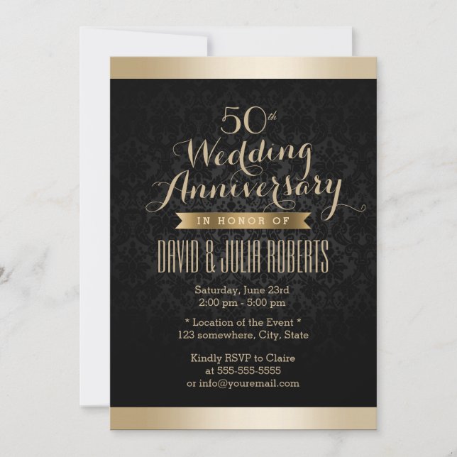 Elegant Black & Gold Damask Wedding Anniversary Invitation (Front)