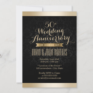 Elegant Black & Gold Damask Wedding Anniversary Invitation