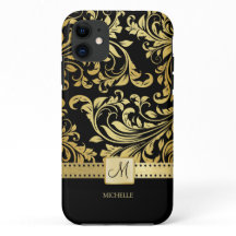 Elegant Black & Gold Damask with Monogram