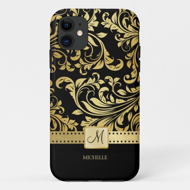 Elegant Black & Gold Damask with Monogram Case-Mate iPhone Case (Back)