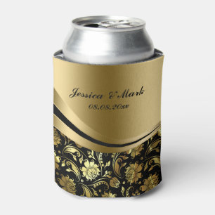 Elegant Black & Gold Damasks Decorative Stripes Can Cooler