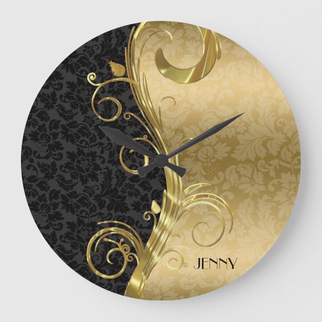 Elegant Black Gold Damasks Gold Swirls Large Clock (Front)