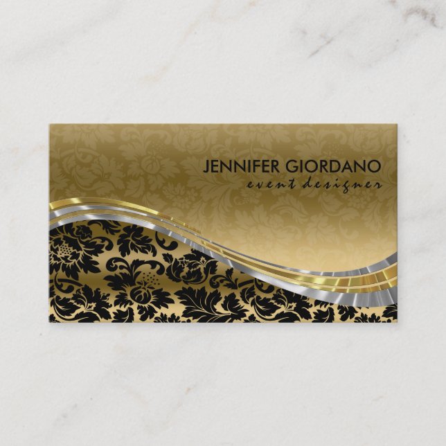 Elegant Black & Gold Damasks With Silver Accents Business Card (Front)