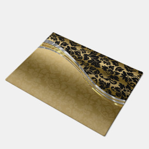 Elegant Black & Gold Damasks With Silver Accents Doormat
