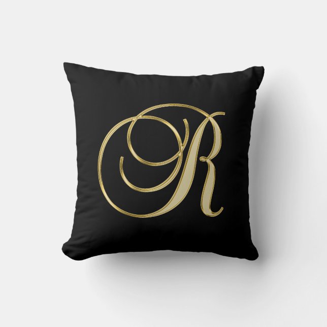 Elegant Black Gold Design Monogram Letter 'R ' Cushion (Front)