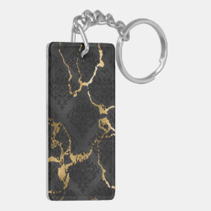 Elegant Black & Gold Diamond Design Key Ring