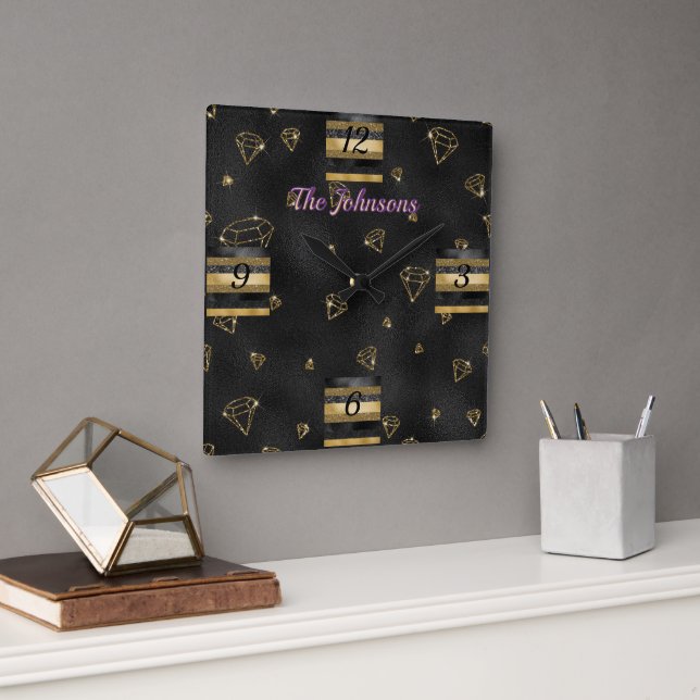 Elegant Black & Gold Diamond Design Square Wall Clock (Office)